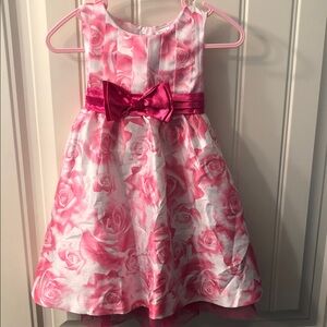 Girls' Pink Rose-Print Satin Bow Formal Dress